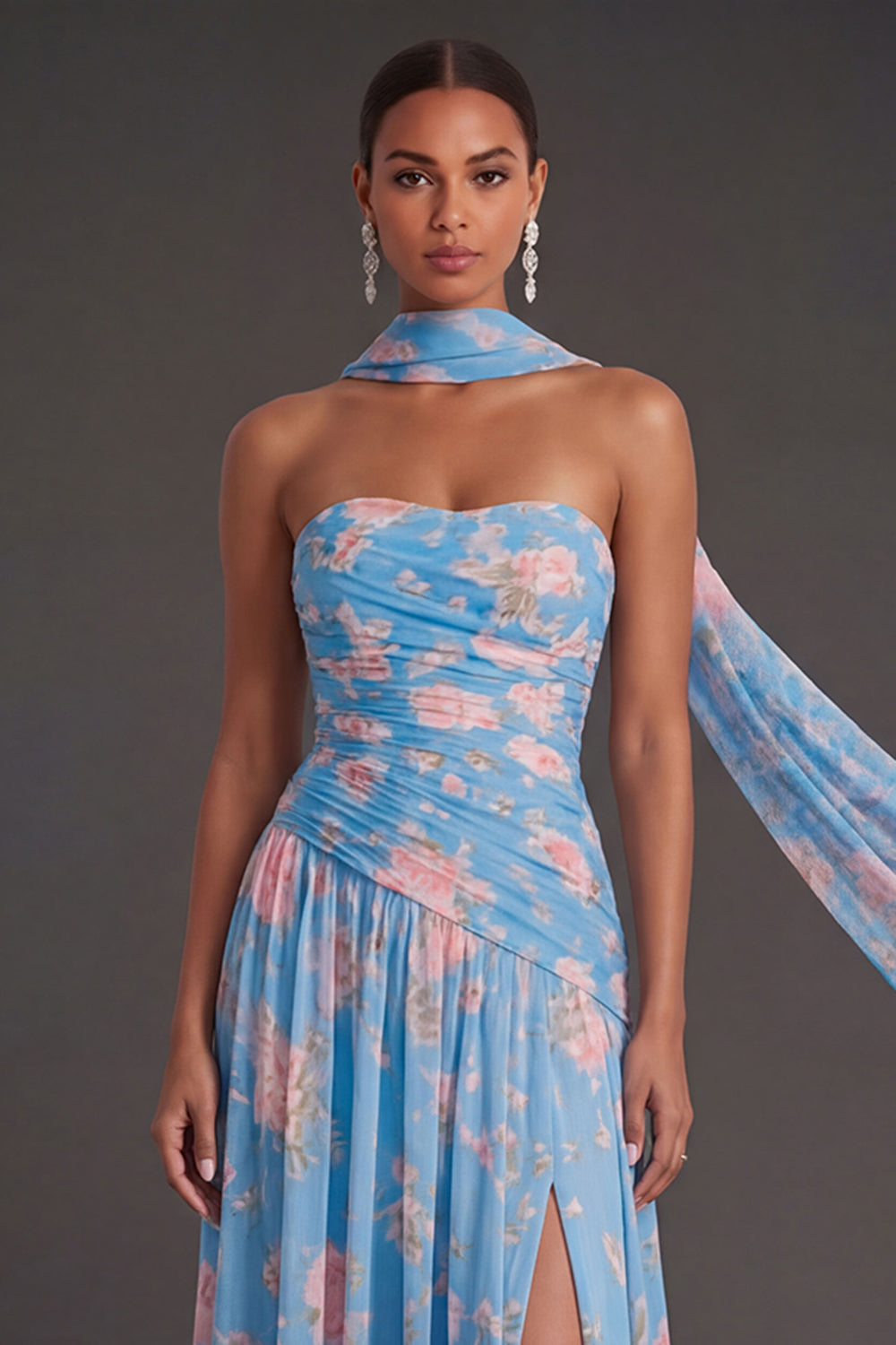Blue Pink Floral A Line Ruched Strapless Long Beach Wedding Guest Dress with Slit
