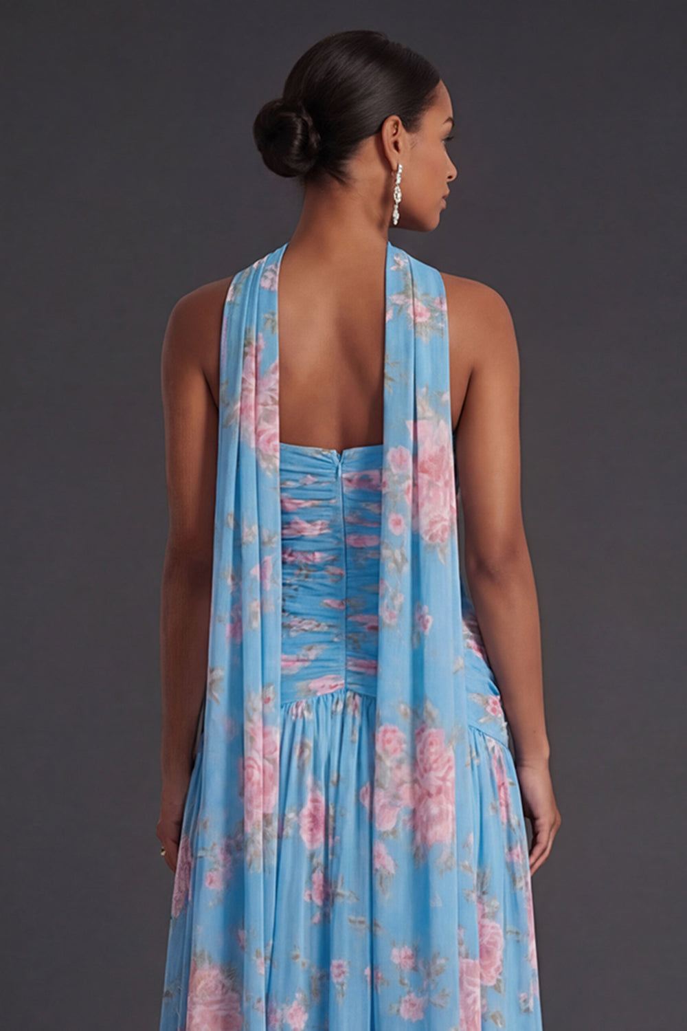 Blue Pink Floral A Line Ruched Strapless Long Beach Wedding Guest Dress with Slit