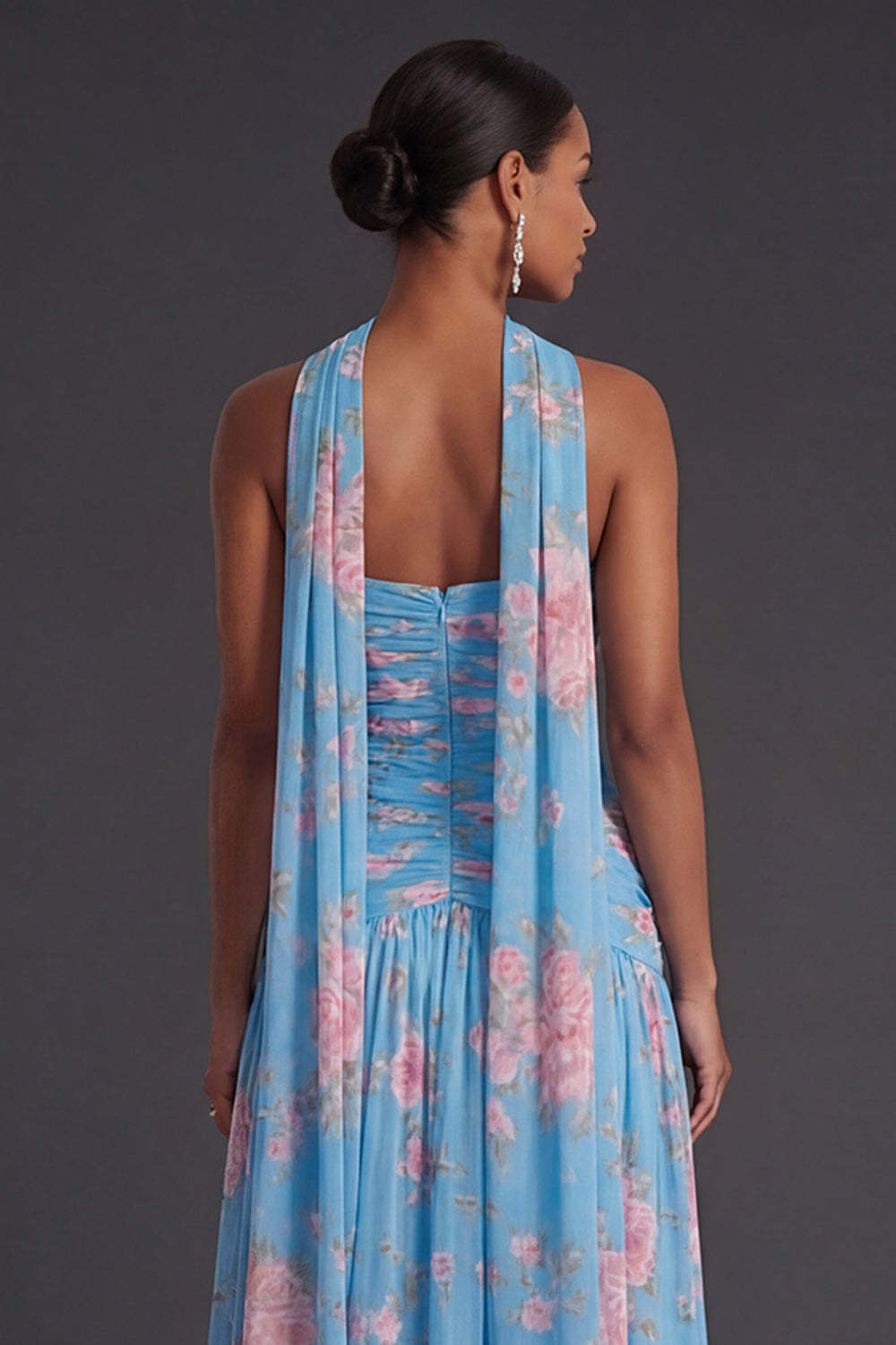 Blue Pink Floral A Line Ruched Strapless Long Beach Wedding Guest Dress with Slit
