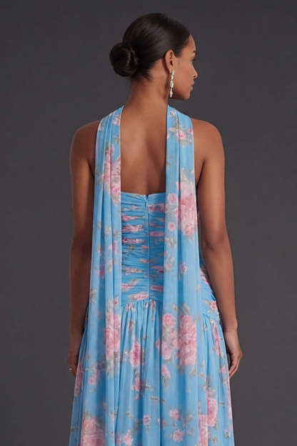 Blue Pink Floral A Line Ruched Strapless Long Beach Wedding Guest Dress with Slit