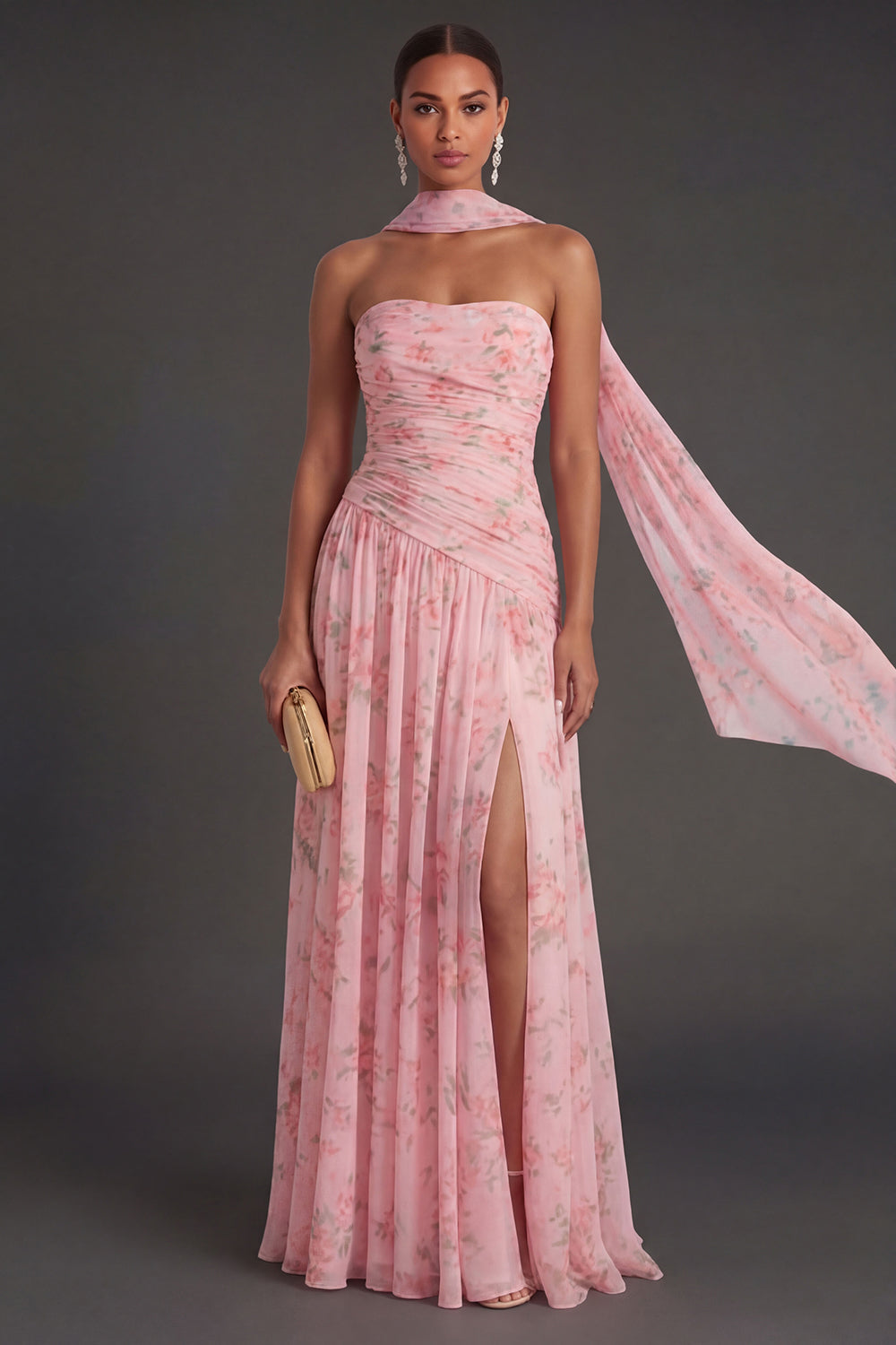 Blue Pink Floral A Line Ruched Strapless Long Beach Wedding Guest Dress with Slit