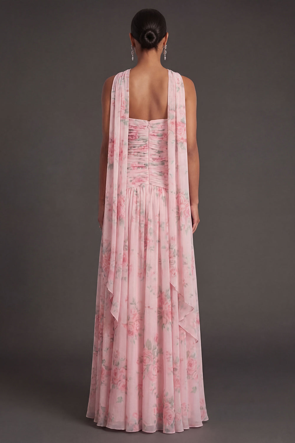 Blue Pink Floral A Line Ruched Strapless Long Beach Wedding Guest Dress with Slit