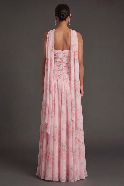 Blue Pink Floral A Line Ruched Strapless Long Beach Wedding Guest Dress with Slit