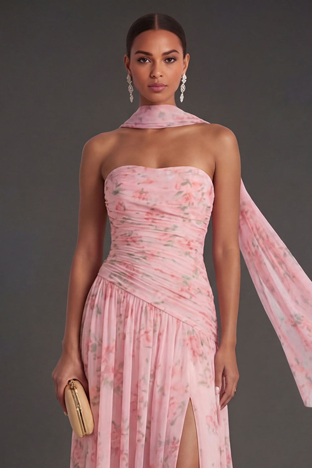 Blue Pink Floral A Line Ruched Strapless Long Beach Wedding Guest Dress with Slit