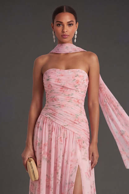 Blue Pink Floral A Line Ruched Strapless Long Beach Wedding Guest Dress with Slit