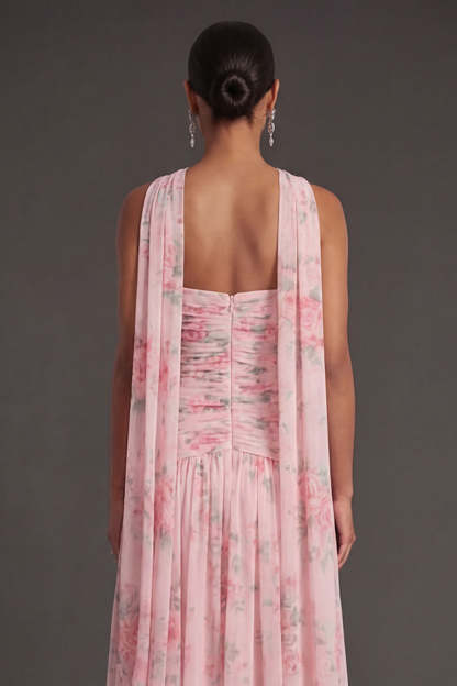 Blue Pink Floral A Line Ruched Strapless Long Beach Wedding Guest Dress with Slit