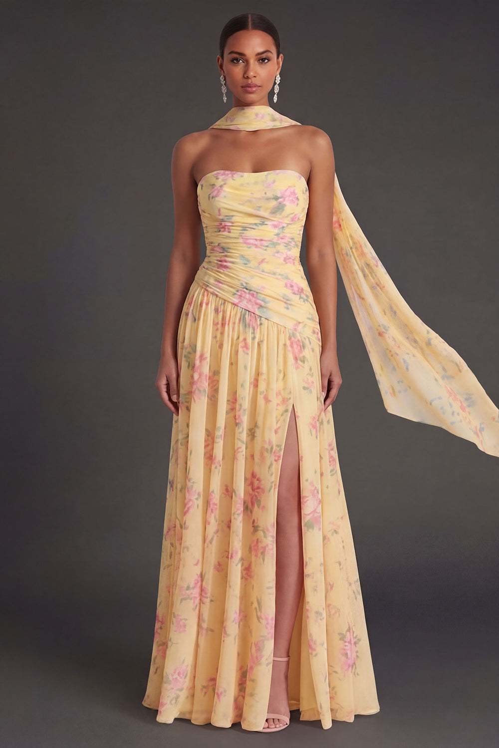 Blue Pink Floral A Line Ruched Strapless Long Beach Wedding Guest Dress with Slit