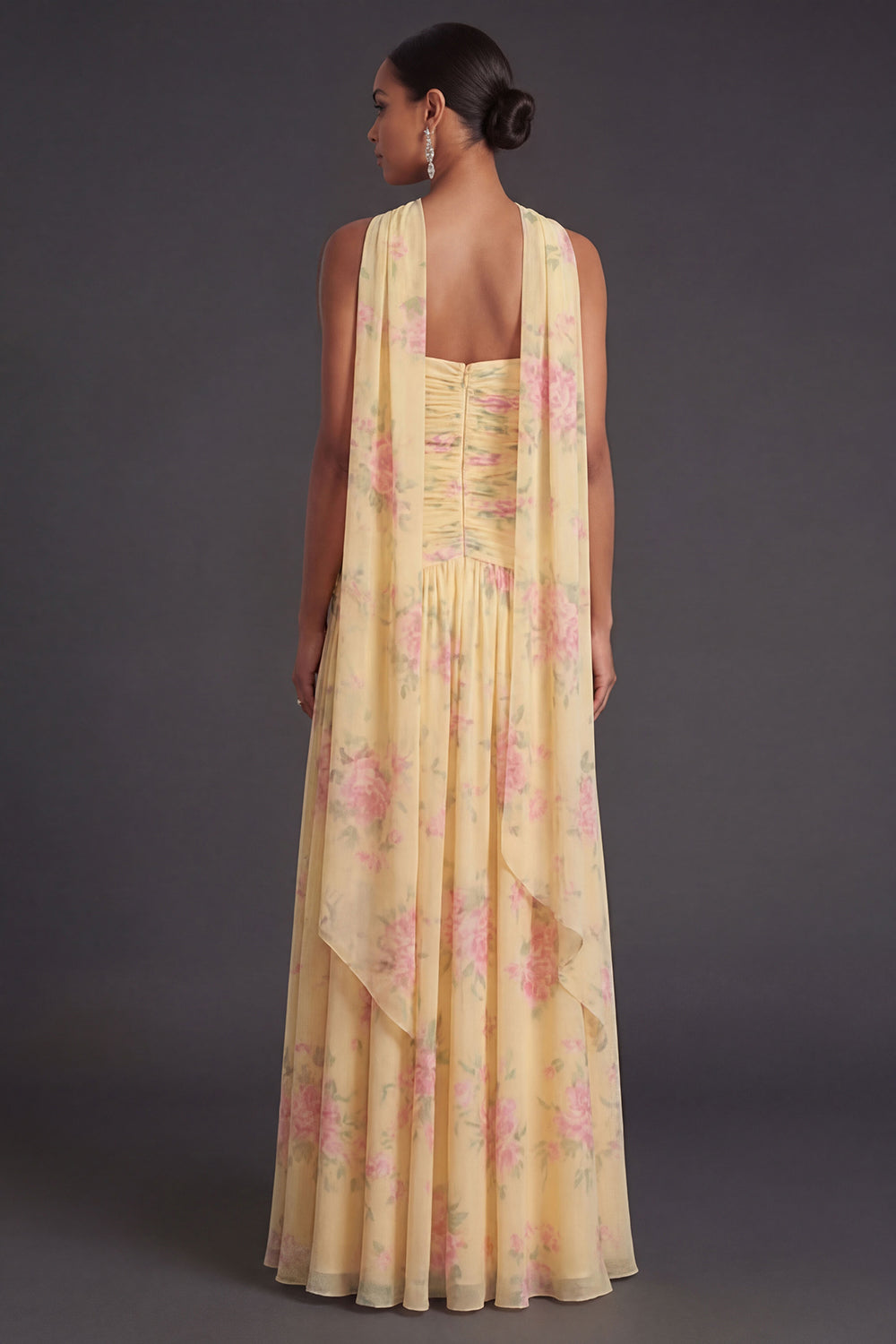 Blue Pink Floral A Line Ruched Strapless Long Beach Wedding Guest Dress with Slit