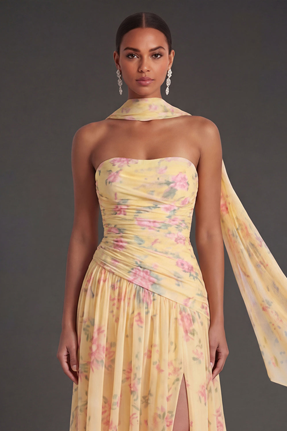 Blue Pink Floral A Line Ruched Strapless Long Beach Wedding Guest Dress with Slit