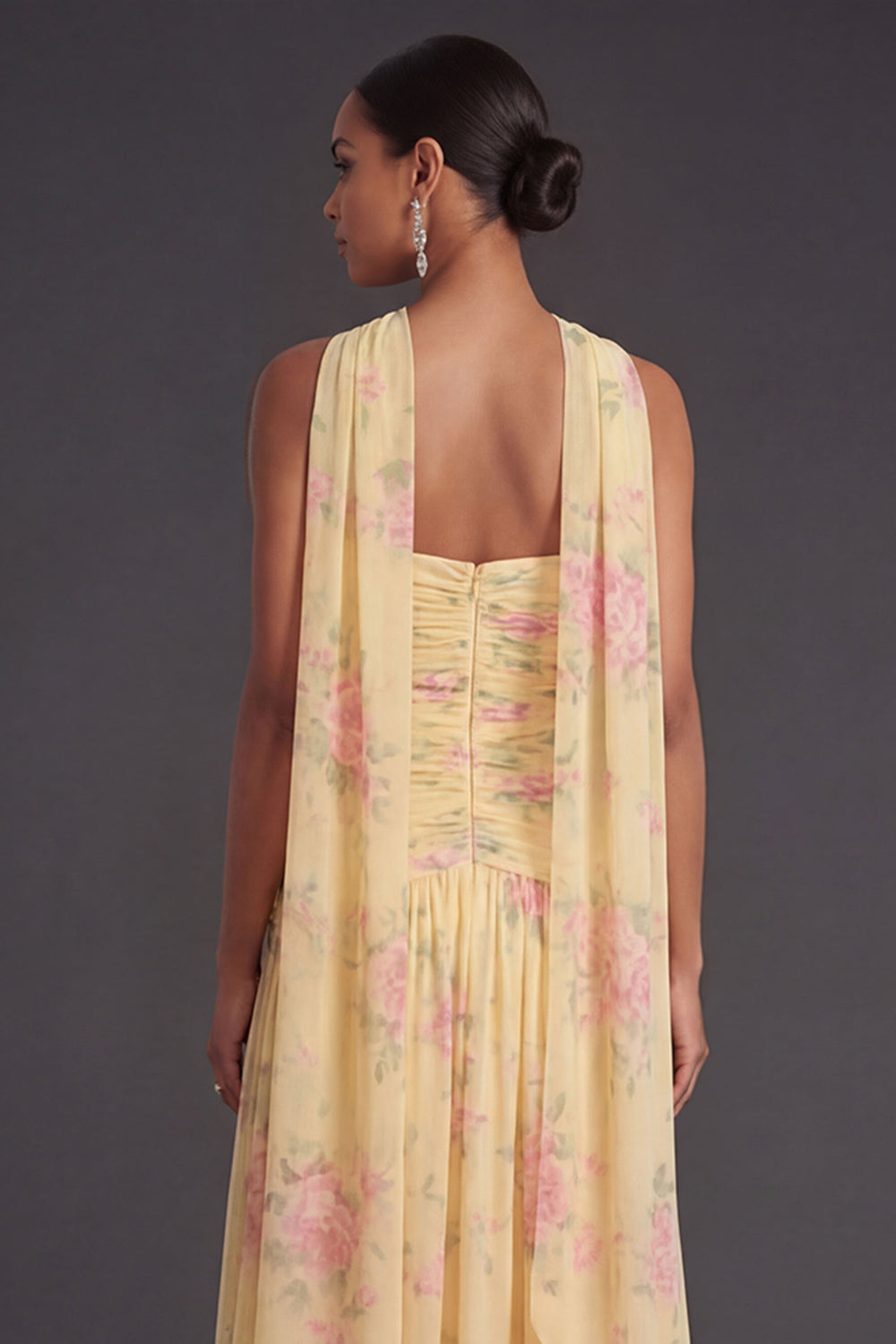 Blue Pink Floral A Line Ruched Strapless Long Beach Wedding Guest Dress with Slit