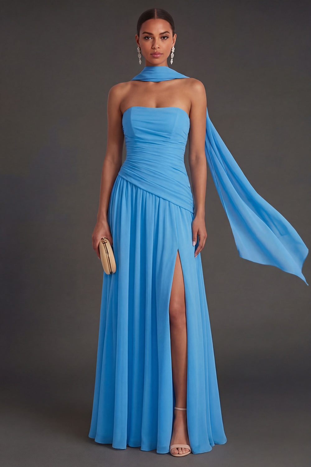 Butter Yellow Strapless Ruched A Line Long Wedding Guest Dress with Slit