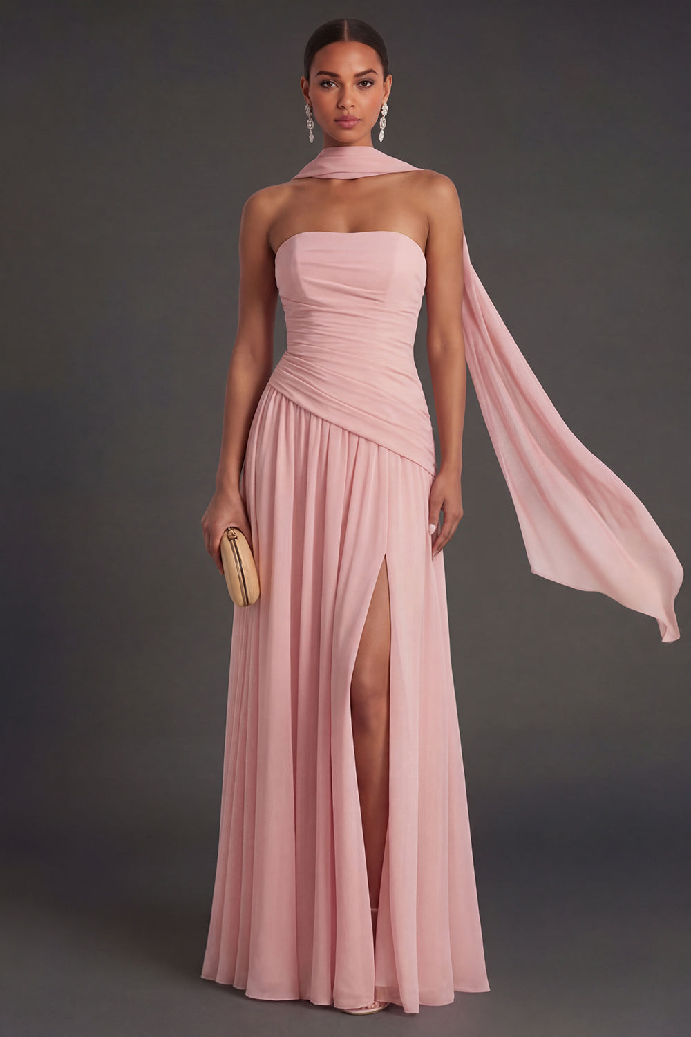 Butter Yellow Strapless Ruched A Line Long Wedding Guest Dress with Slit