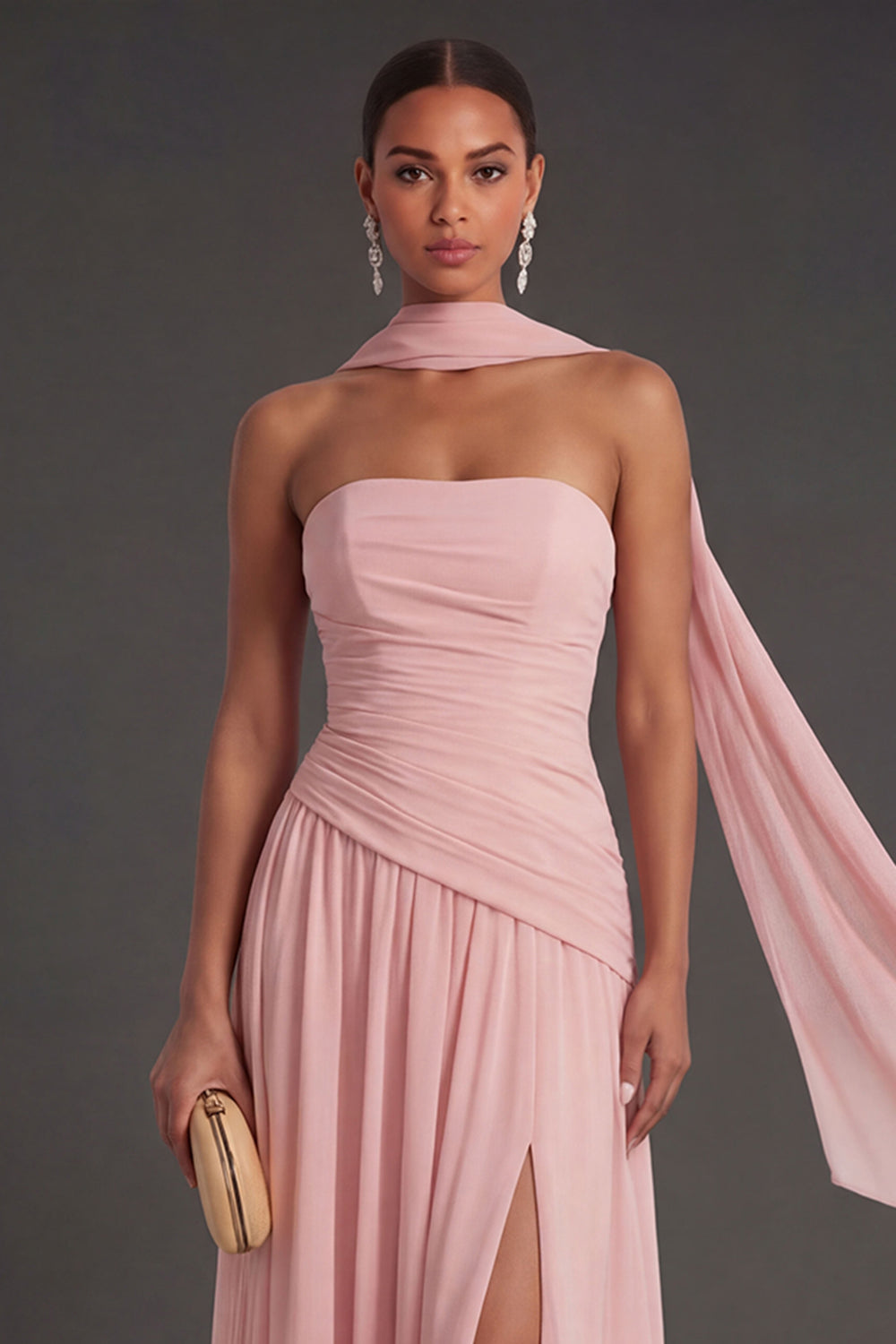 Butter Yellow Strapless Ruched A Line Long Wedding Guest Dress with Slit