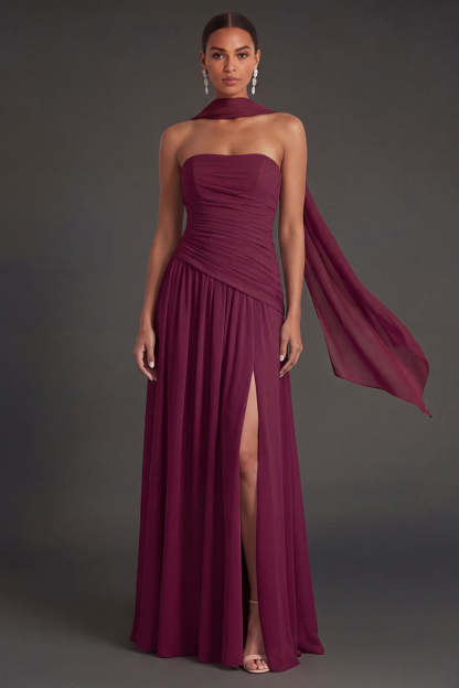 Butter Yellow Strapless Ruched A Line Long Wedding Guest Dress with Slit