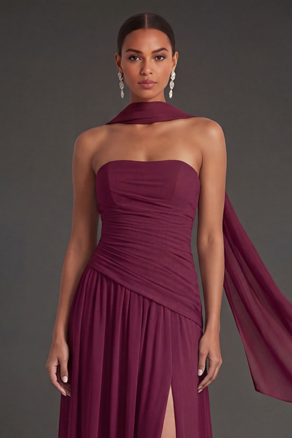 Butter Yellow Strapless Ruched A Line Long Wedding Guest Dress with Slit
