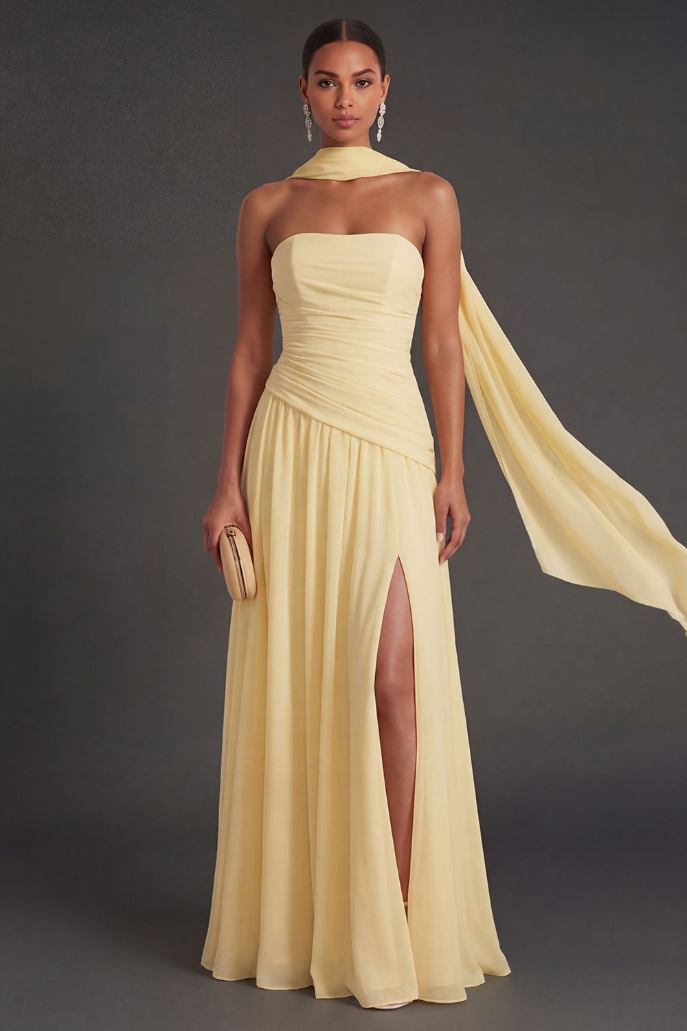 Leely Women Butter Yellow A Line Long Wedding Guest Dress with Slit Strapless Ruched Backless Evening Dress