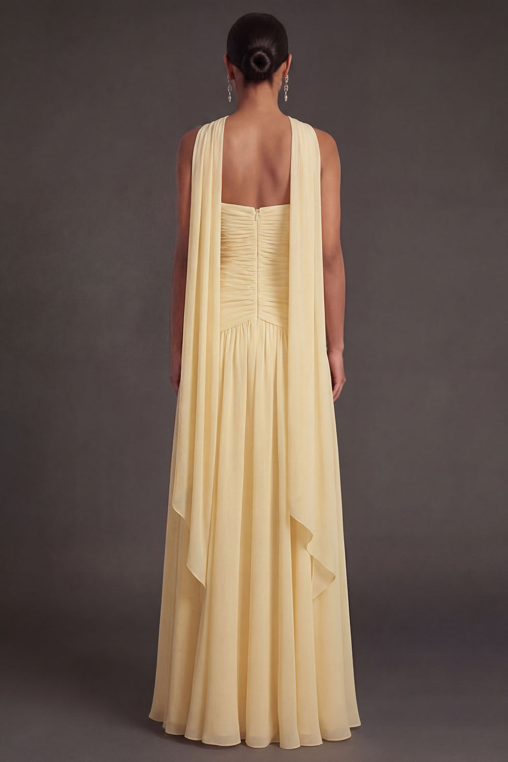 Butter Yellow Strapless Ruched A Line Long Wedding Guest Dress with Slit
