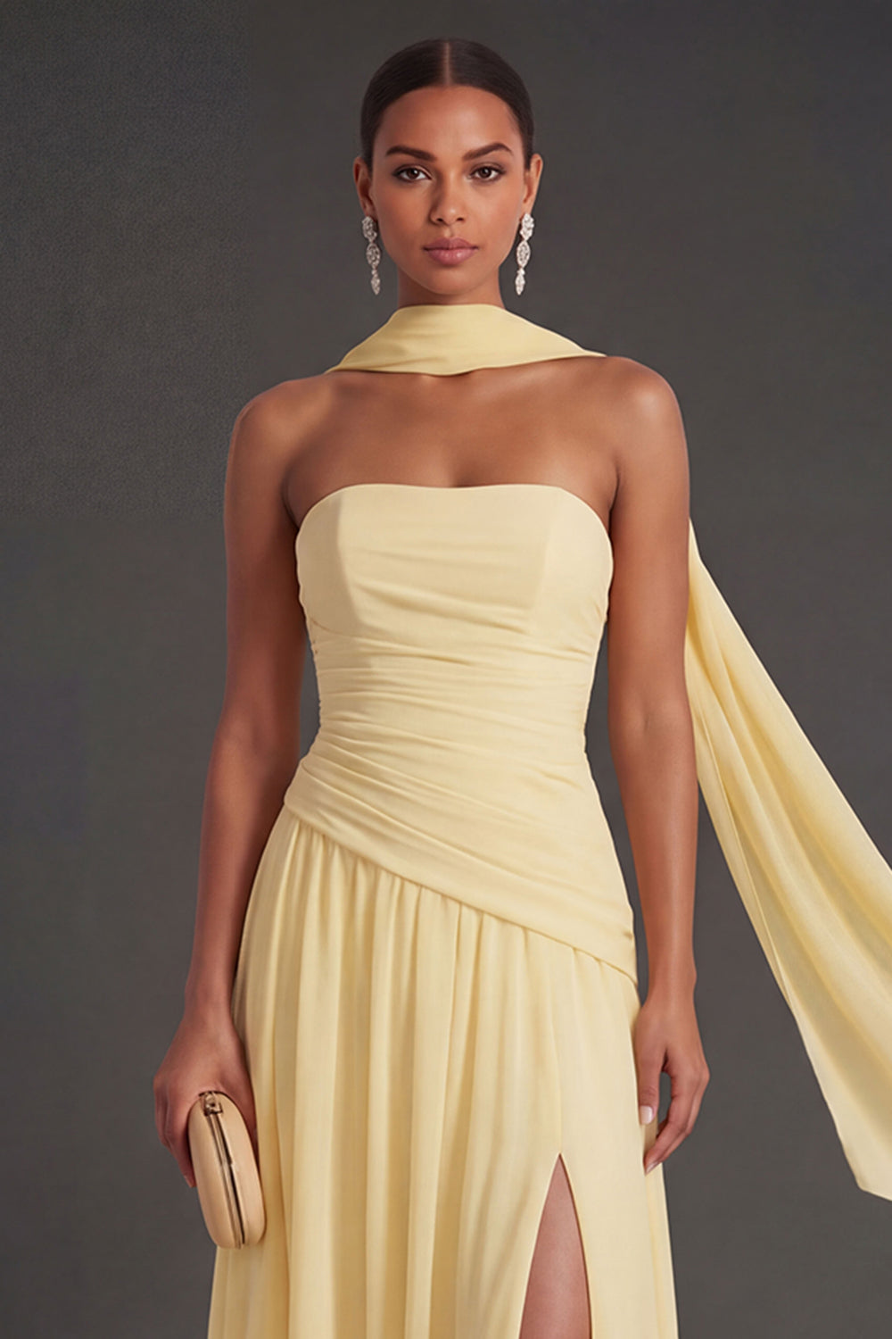 Butter Yellow Strapless Ruched A Line Long Wedding Guest Dress with Slit