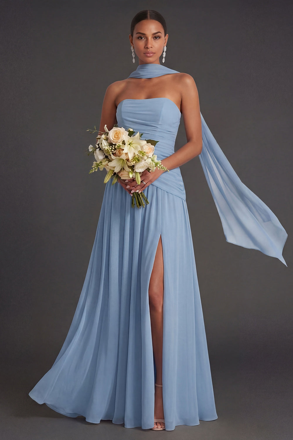 Butter Yellow Strapless Ruched A Line Long Wedding Guest Dress with Slit