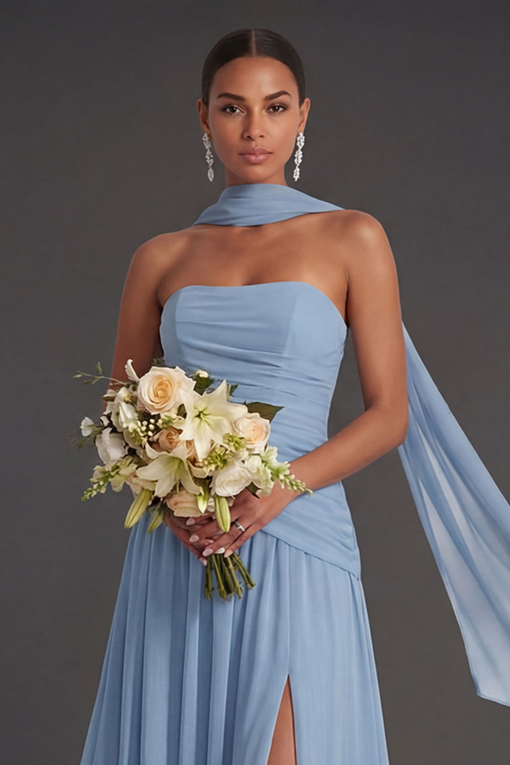 Butter Yellow Strapless Ruched A Line Long Wedding Guest Dress with Slit