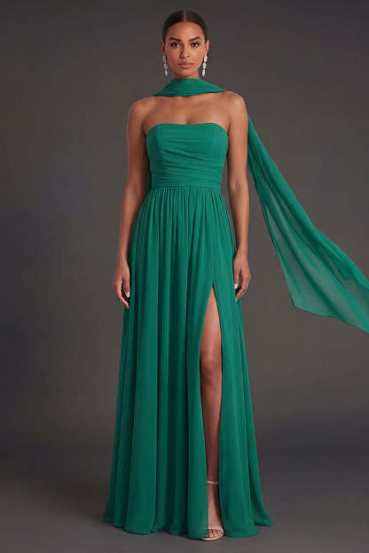 Butter Yellow Strapless Ruched A Line Long Wedding Guest Dress with Slit