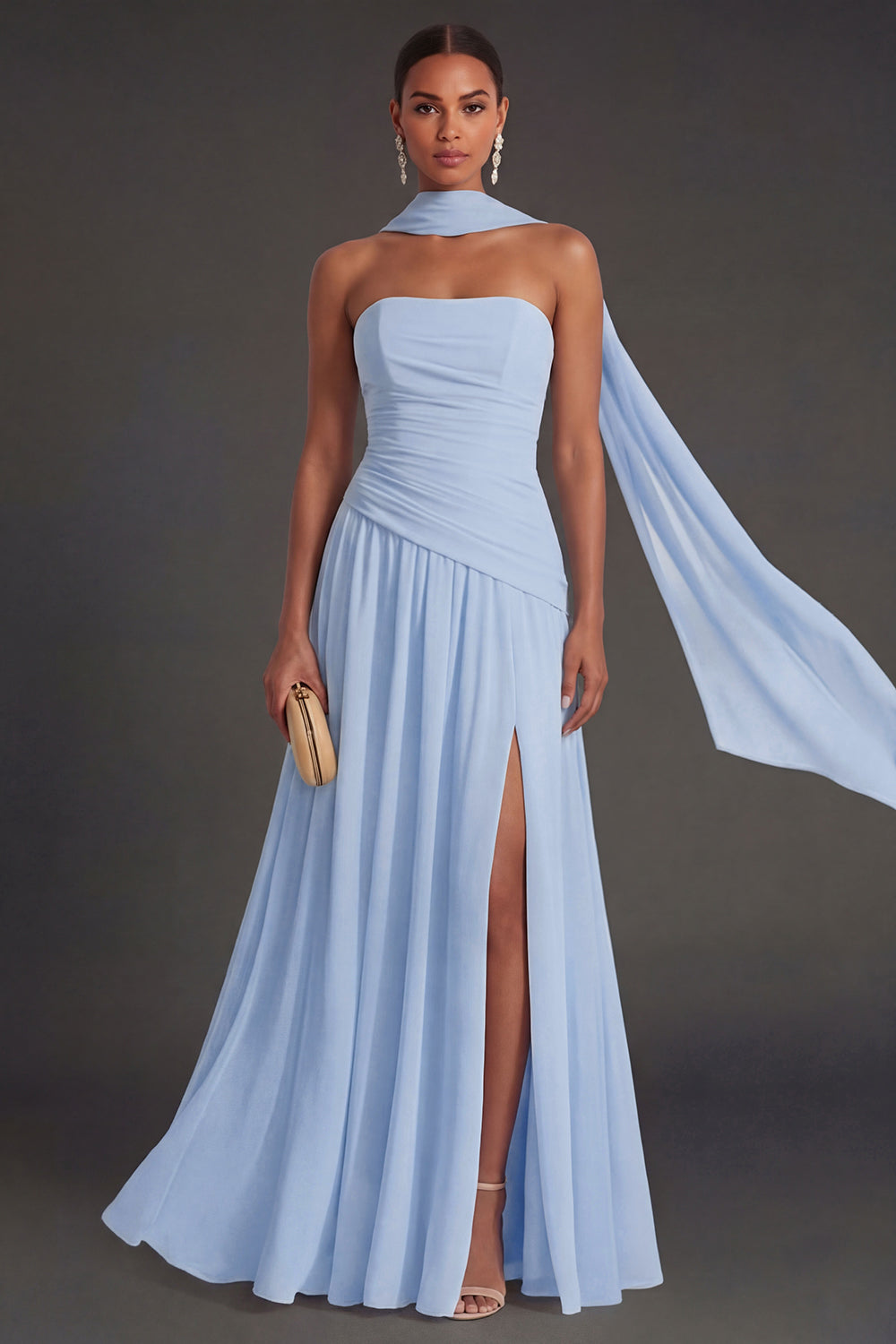 Butter Yellow Strapless Ruched A Line Long Wedding Guest Dress with Slit