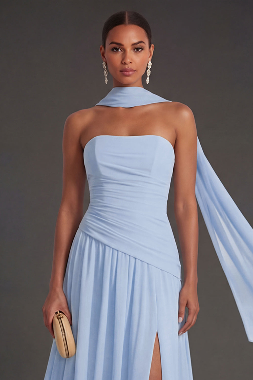 Butter Yellow Strapless Ruched A Line Long Wedding Guest Dress with Slit