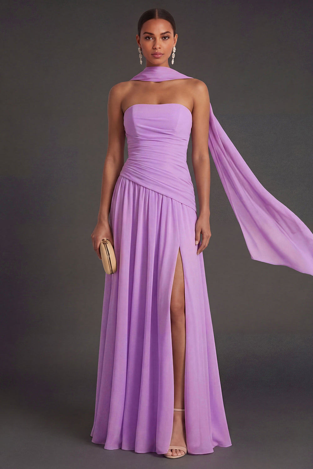 Butter Yellow Strapless Ruched A Line Long Wedding Guest Dress with Slit