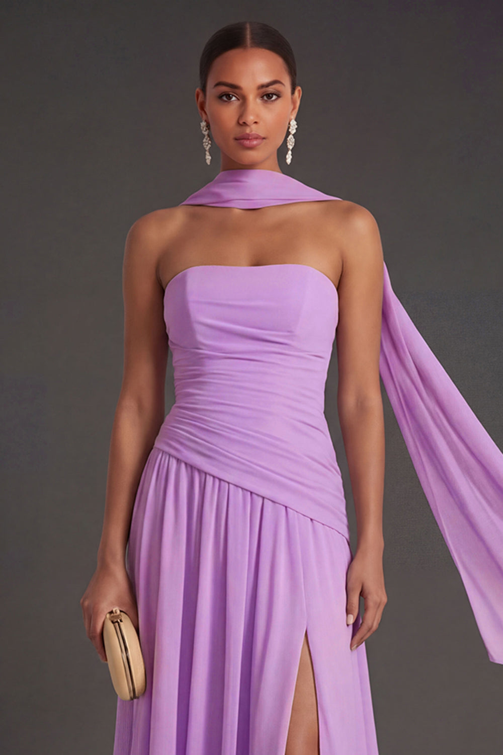 Butter Yellow Strapless Ruched A Line Long Wedding Guest Dress with Slit