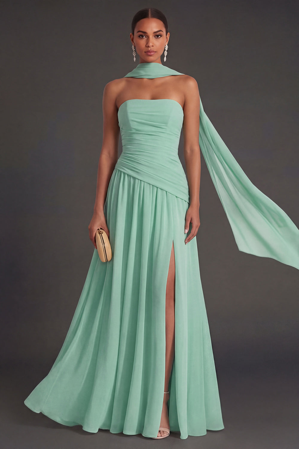 Butter Yellow Strapless Ruched A Line Long Wedding Guest Dress with Slit