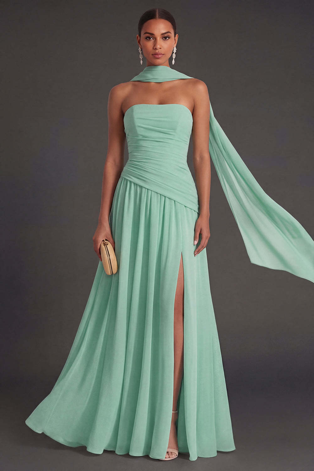Butter Yellow Strapless Ruched A Line Long Wedding Guest Dress with Slit