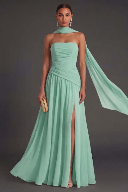 Butter Yellow Strapless Ruched A Line Long Wedding Guest Dress with Slit