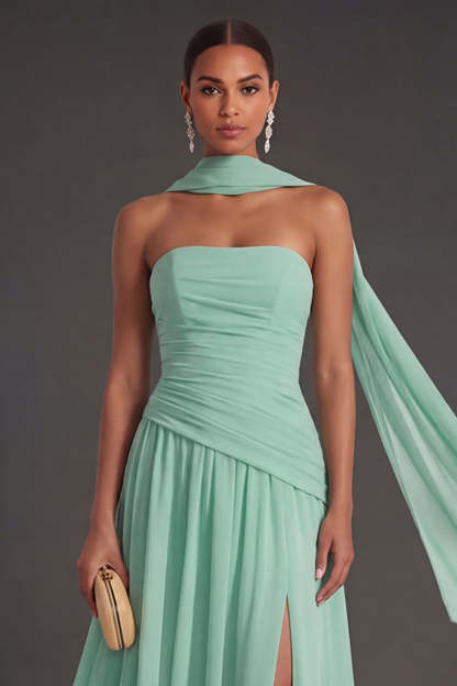 Butter Yellow Strapless Ruched A Line Long Wedding Guest Dress with Slit