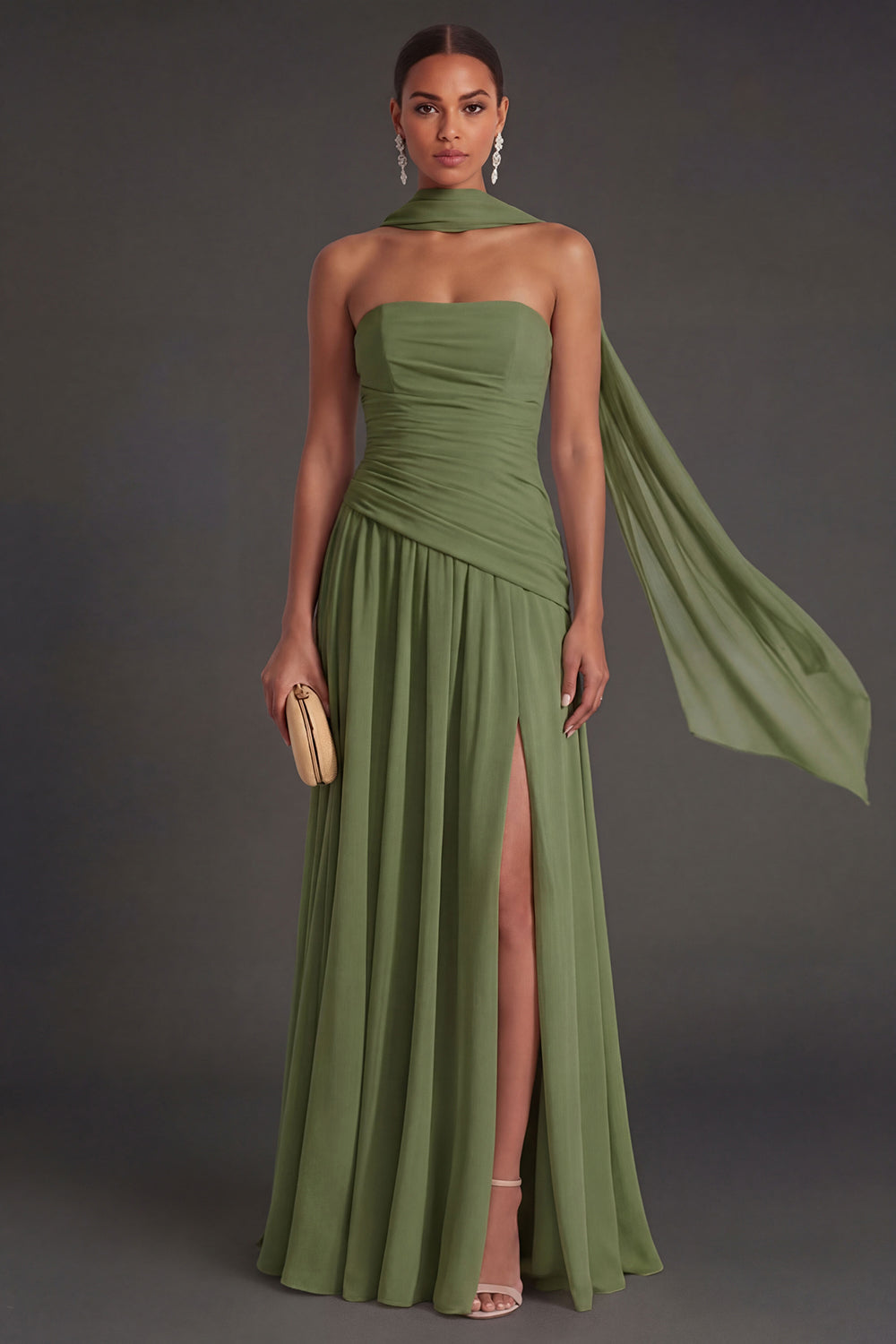 Butter Yellow Strapless Ruched A Line Long Wedding Guest Dress with Slit