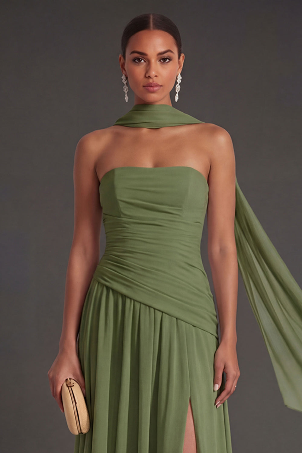 Butter Yellow Strapless Ruched A Line Long Wedding Guest Dress with Slit