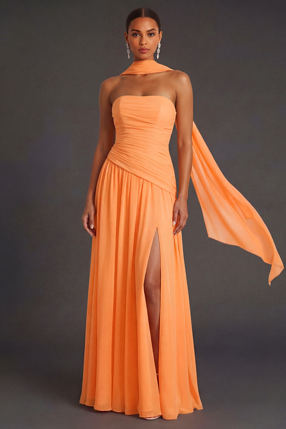 Butter Yellow Strapless Ruched A Line Long Wedding Guest Dress with Slit