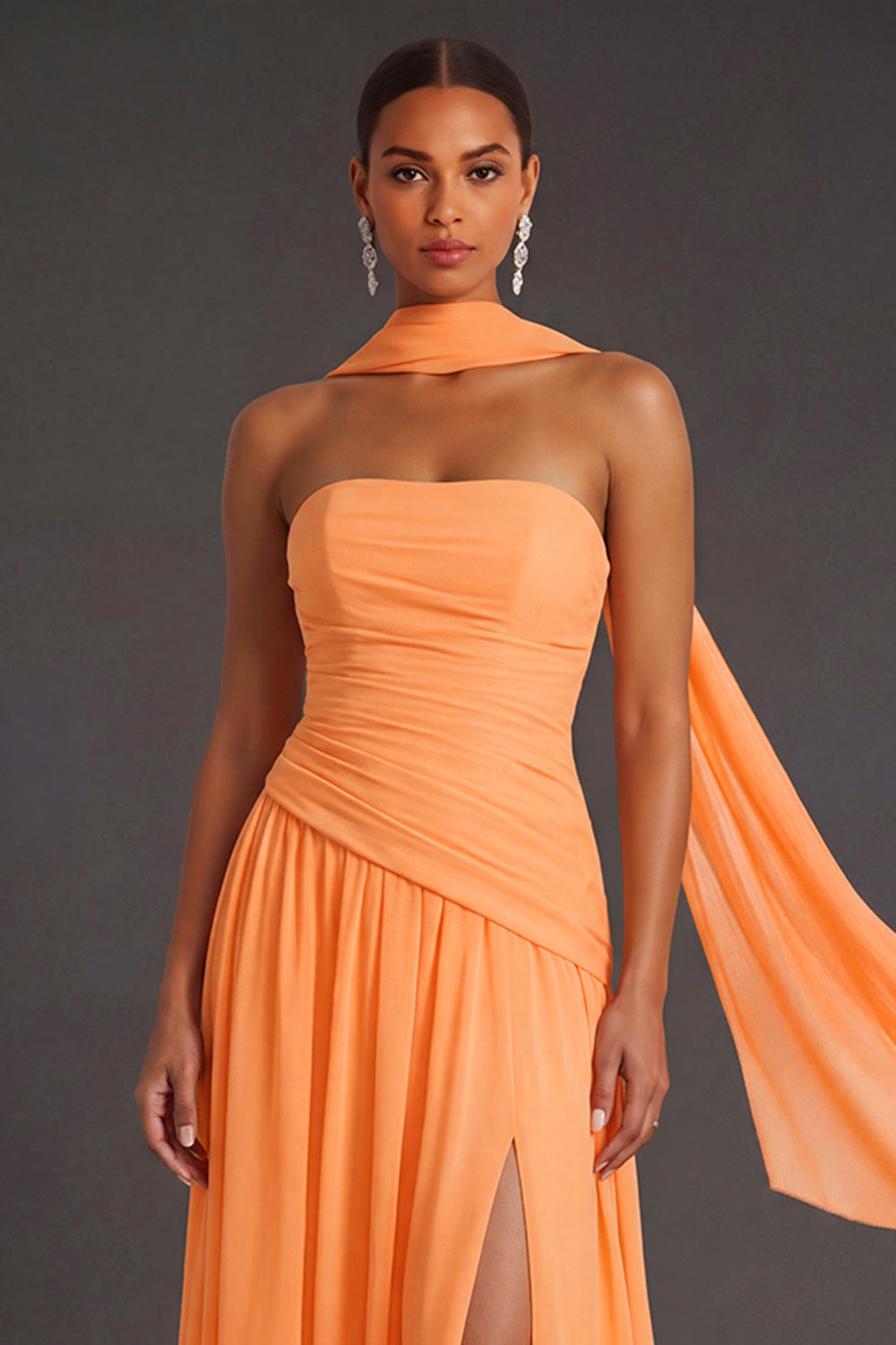 Butter Yellow Strapless Ruched A Line Long Wedding Guest Dress with Slit