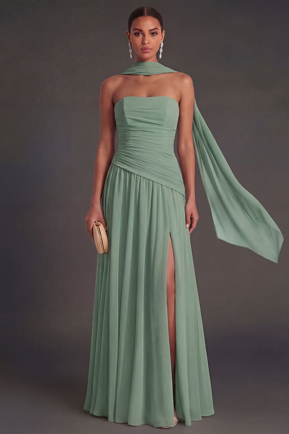 Butter Yellow Strapless Ruched A Line Long Wedding Guest Dress with Slit