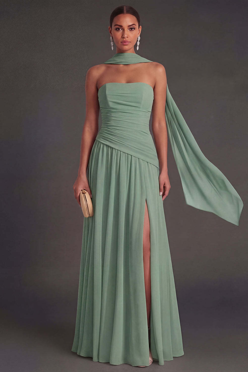 Butter Yellow Strapless Ruched A Line Long Wedding Guest Dress with Slit