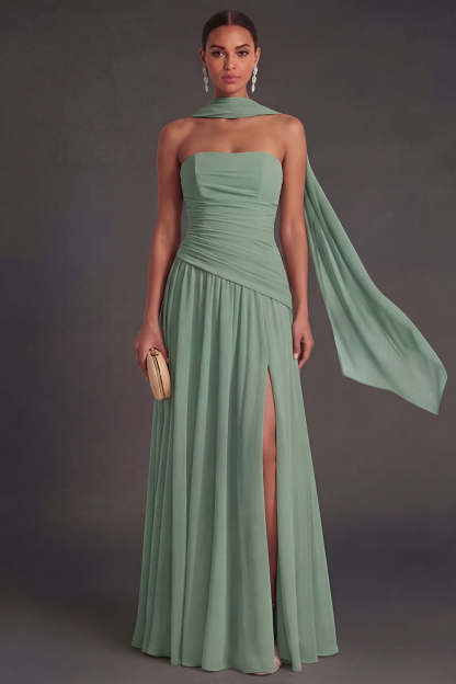 Butter Yellow Strapless Ruched A Line Long Wedding Guest Dress with Slit