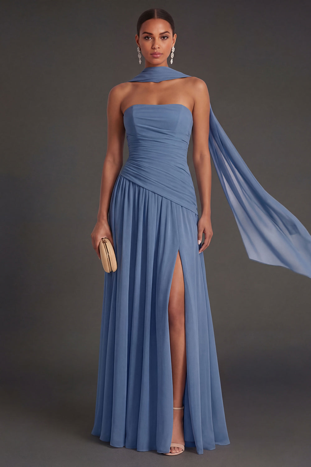 Butter Yellow Strapless Ruched A Line Long Wedding Guest Dress with Slit