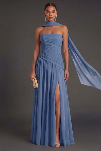 Butter Yellow Strapless Ruched A Line Long Wedding Guest Dress with Slit