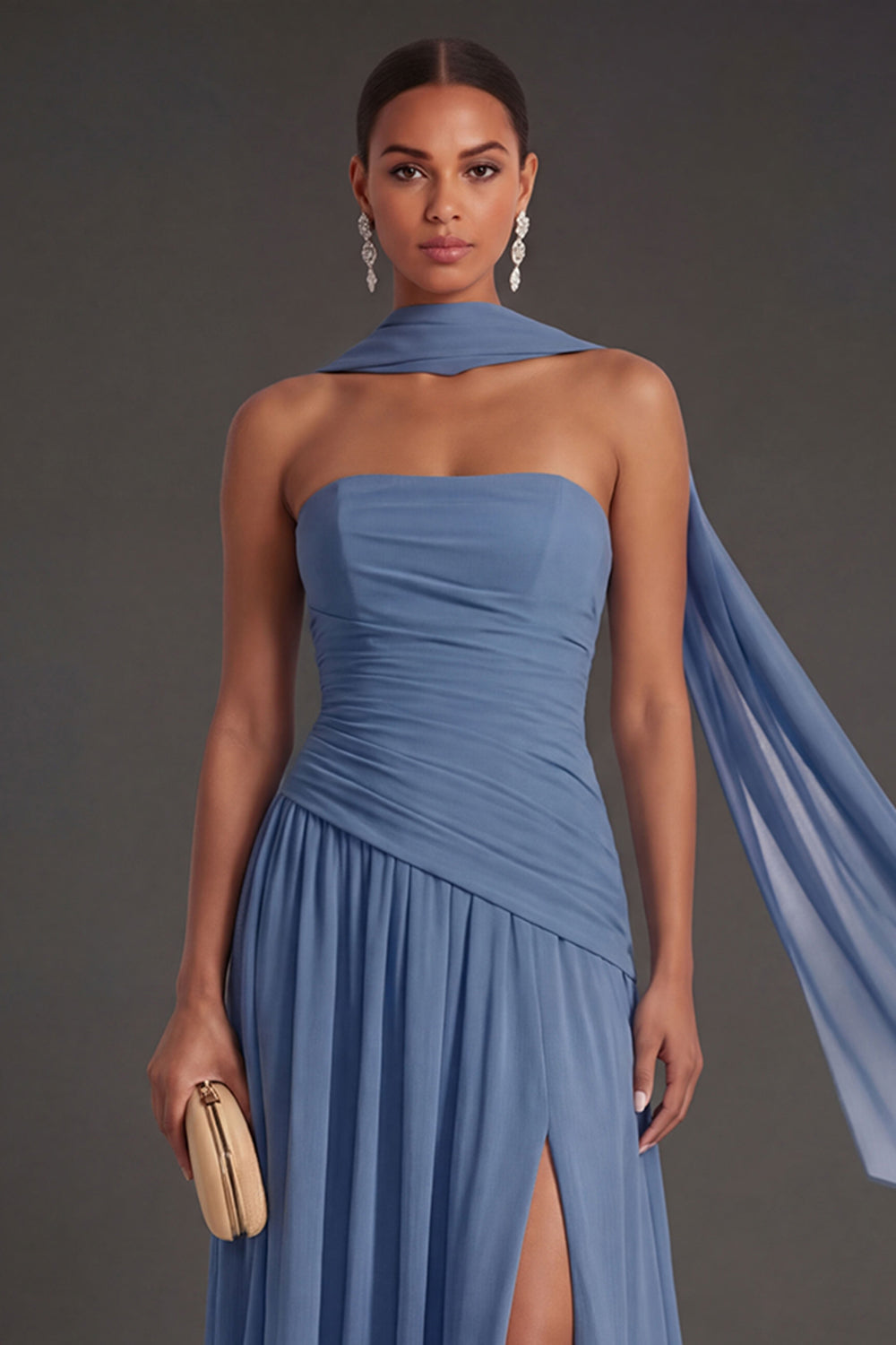 Butter Yellow Strapless Ruched A Line Long Wedding Guest Dress with Slit