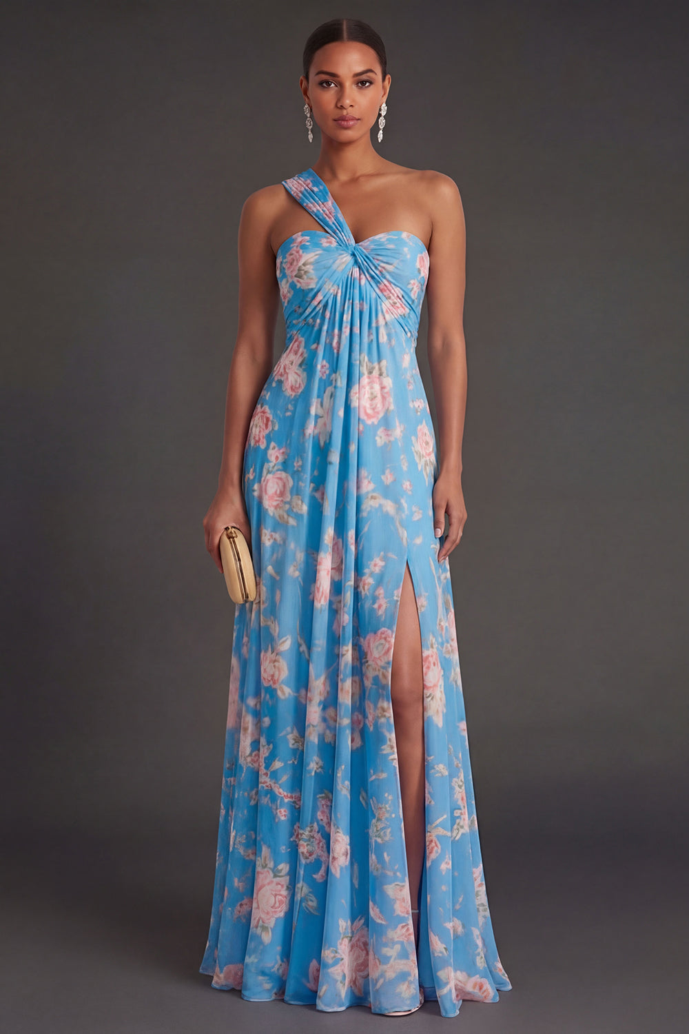 Convertible Pink Red Floral One Shoulder Long Beach Wedding Guest Dress with Slit