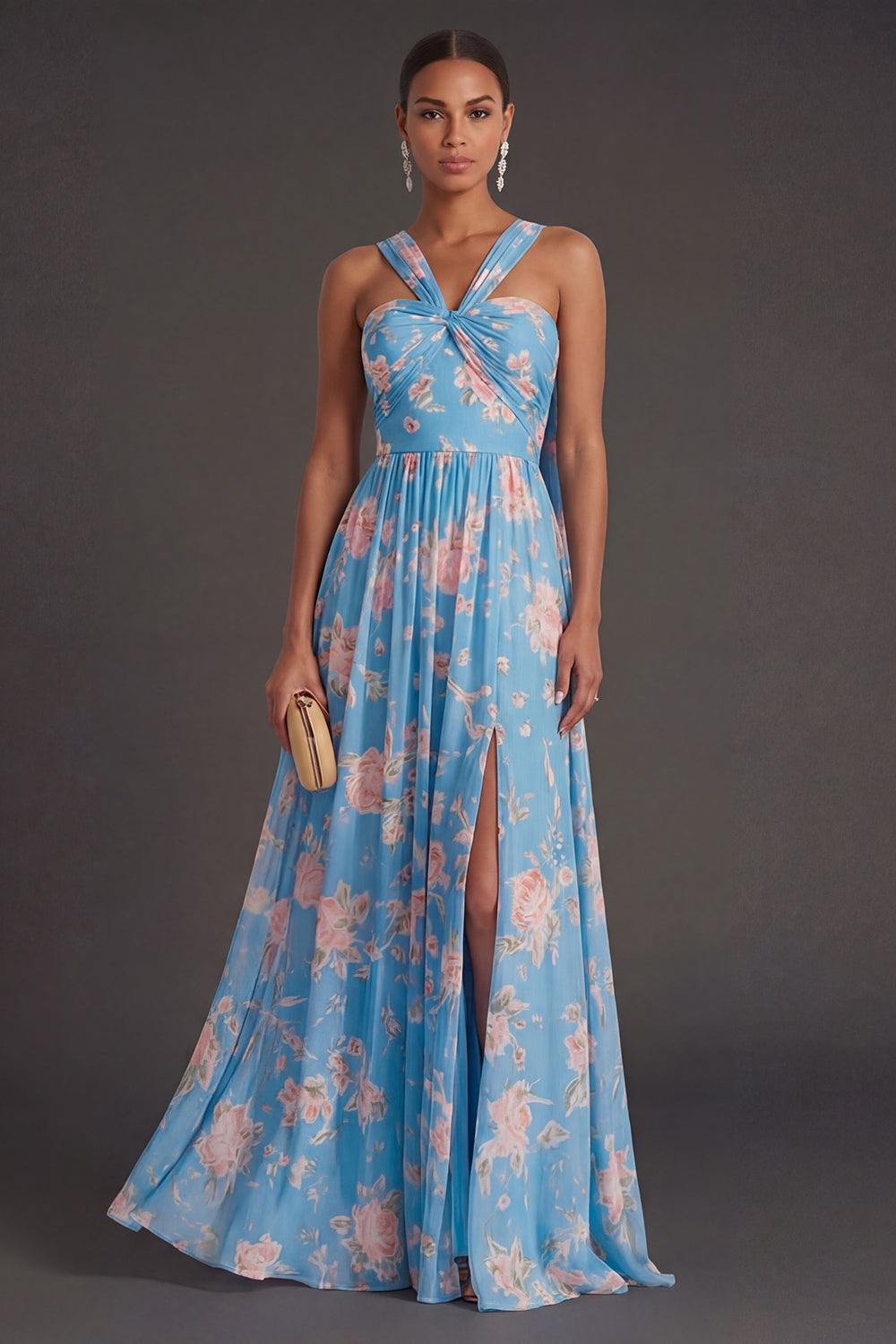 Convertible Pink Red Floral One Shoulder Long Beach Wedding Guest Dress with Slit