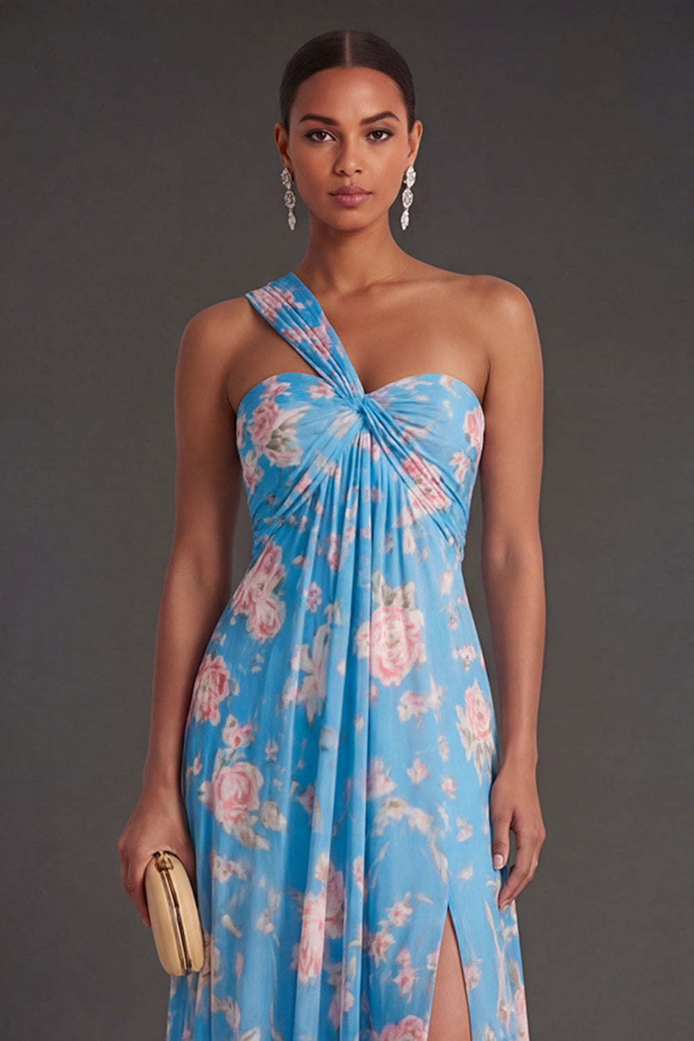 Convertible Pink Red Floral One Shoulder Long Beach Wedding Guest Dress with Slit