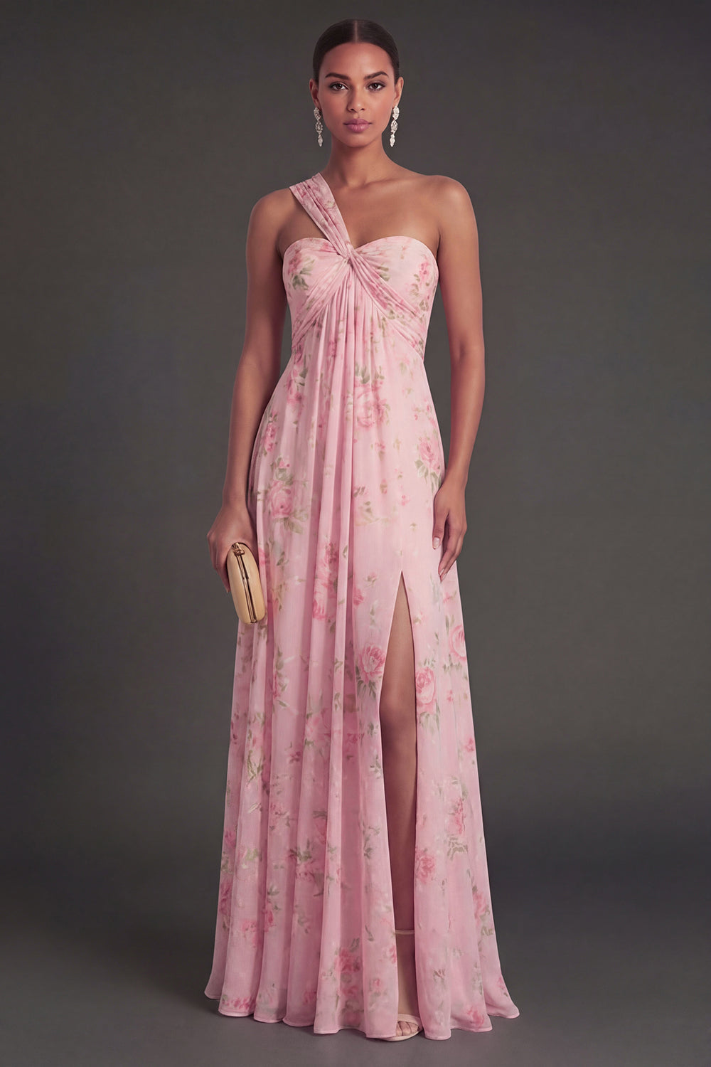 Convertible Pink Red Floral One Shoulder Long Beach Wedding Guest Dress with Slit