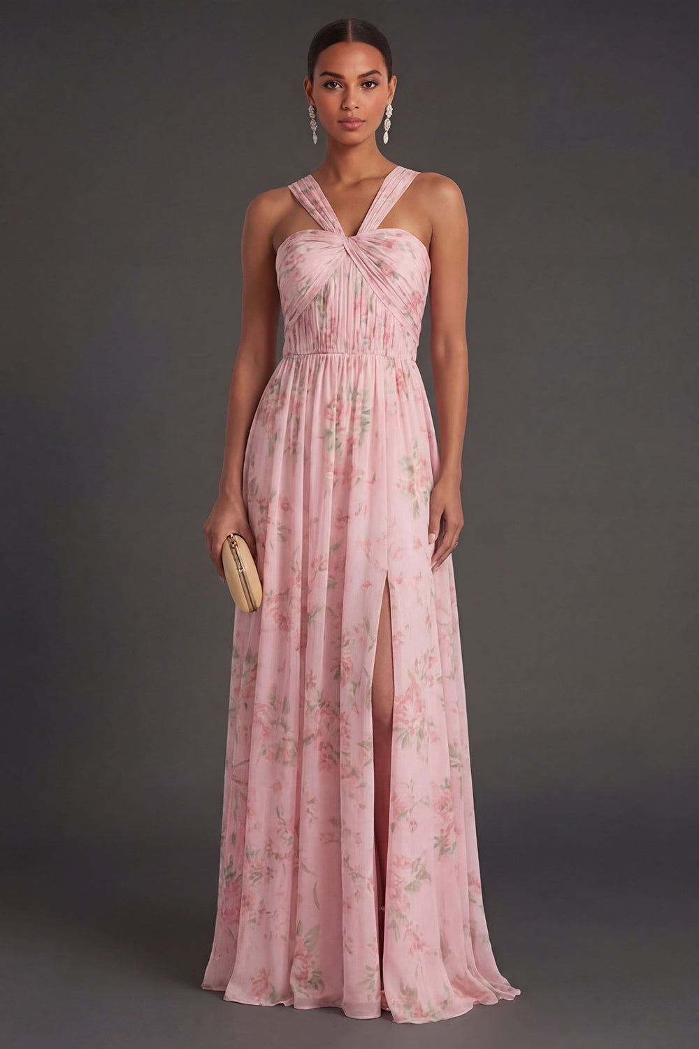 Convertible Pink Red Floral One Shoulder Long Beach Wedding Guest Dress with Slit
