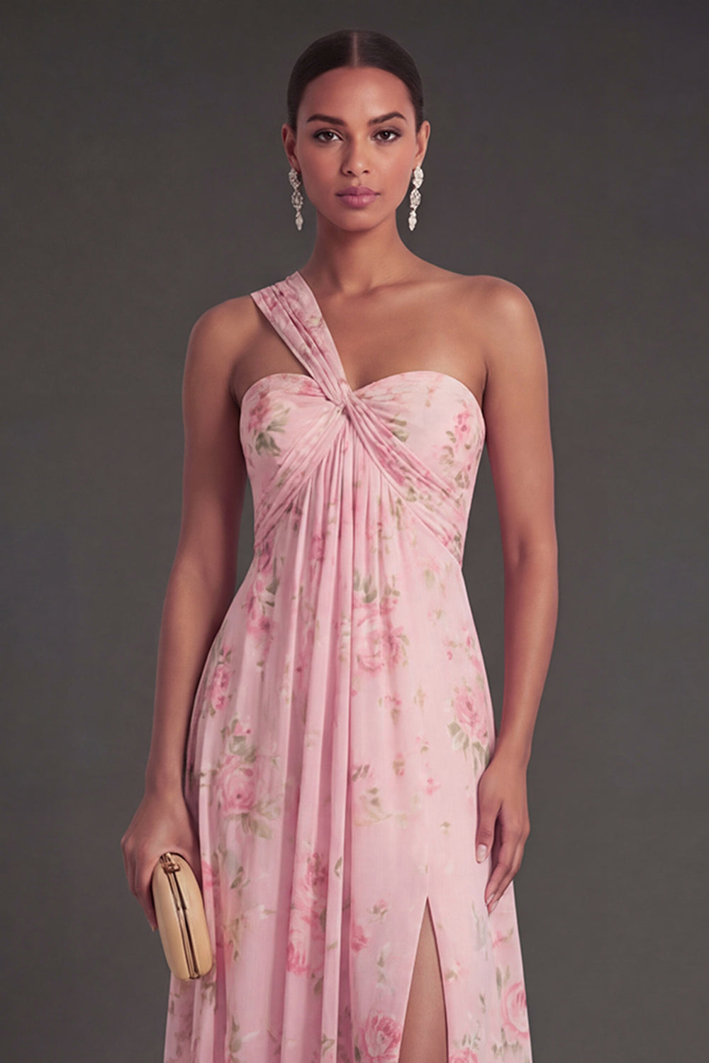Convertible Pink Red Floral One Shoulder Long Beach Wedding Guest Dress with Slit