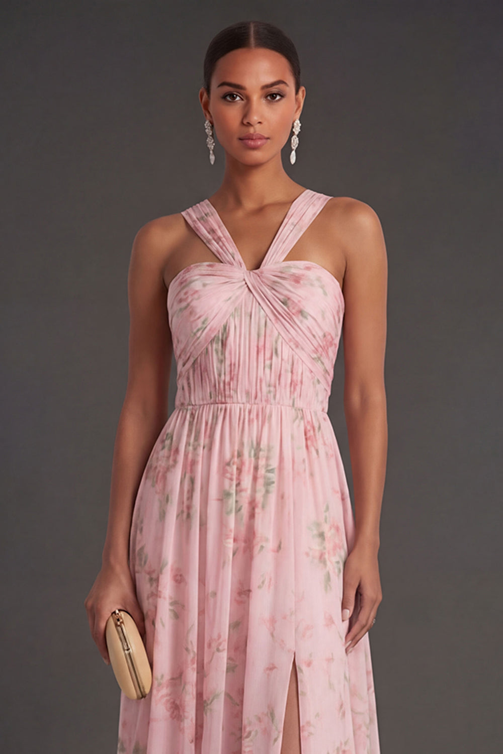 Convertible Pink Red Floral One Shoulder Long Beach Wedding Guest Dress with Slit